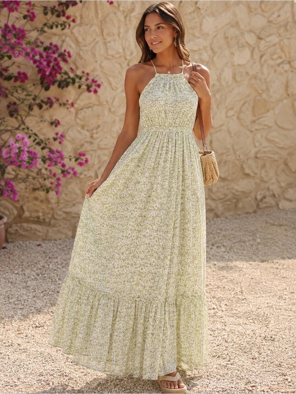 Just Me Pale Green Floral Halter Maxi Dress